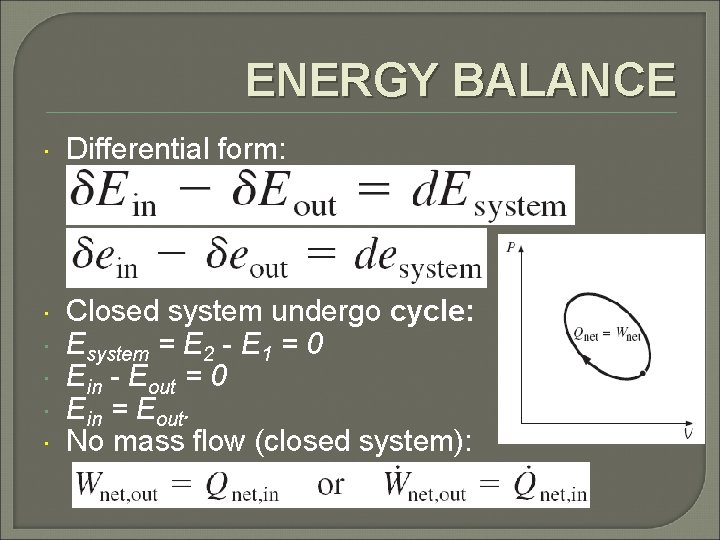 ENERGY BALANCE Differential form: Closed system undergo cycle: Esystem = E 2 - E