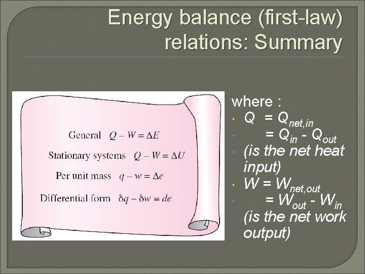 Energy balance (first-law) relations: Summary where : Q = Qnet, in = Qin -