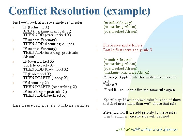 Conflict Resolution (example) First we'll look at a very simple set of rules: 1.