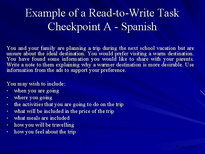 Example of a Read-to-Write Task Checkpoint A - Spanish You and your family are