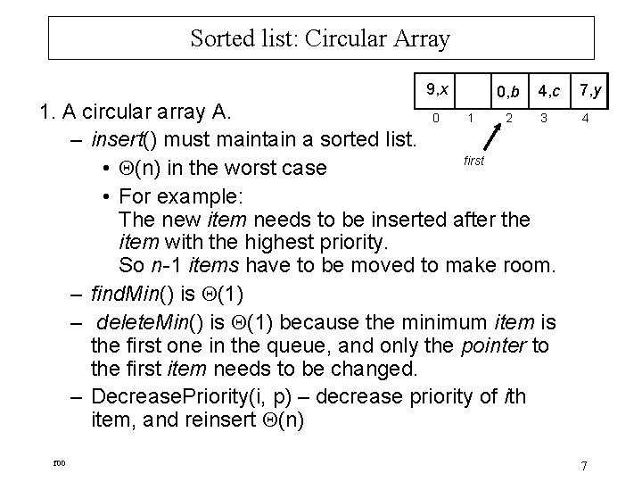 Sorted list: Circular Array 9, x 0, b 4, c 1. A circular array