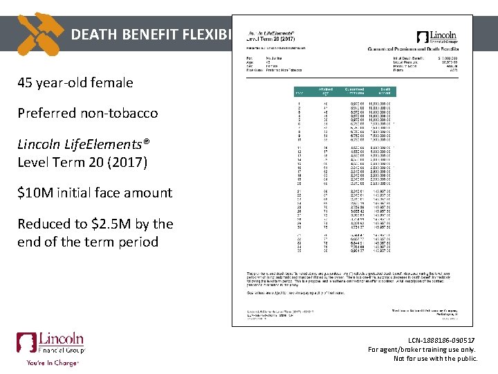 CLICK TODEATH EDIT MASTER BENEFIT TITLE FLEXIBILITY STYLE 45 year-old female Preferred non-tobacco Lincoln