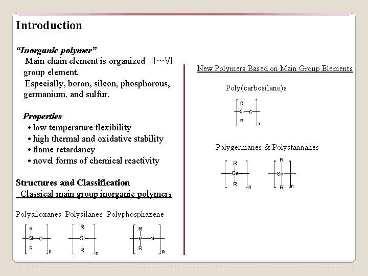 Introduction “Inorganic polymer” Main chain element is organized Ⅲ~Ⅵ group element. Especially, boron, silcon,