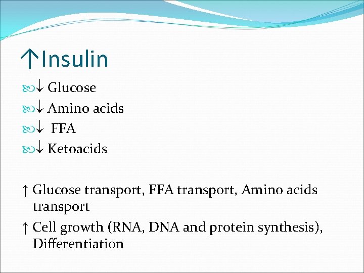 ↑Insulin Glucose Amino acids FFA Ketoacids ↑ Glucose transport, FFA transport, Amino acids transport