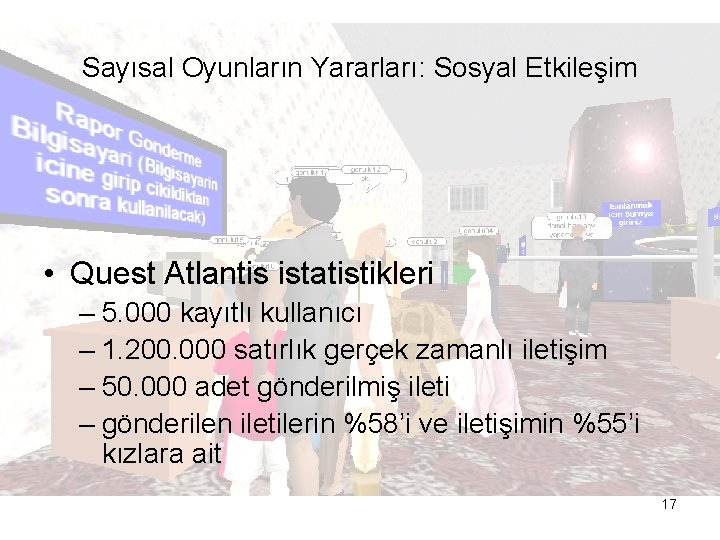 Sayısal Oyunların Yararları: Sosyal Etkileşim • Quest Atlantis istatistikleri – 5. 000 kayıtlı kullanıcı