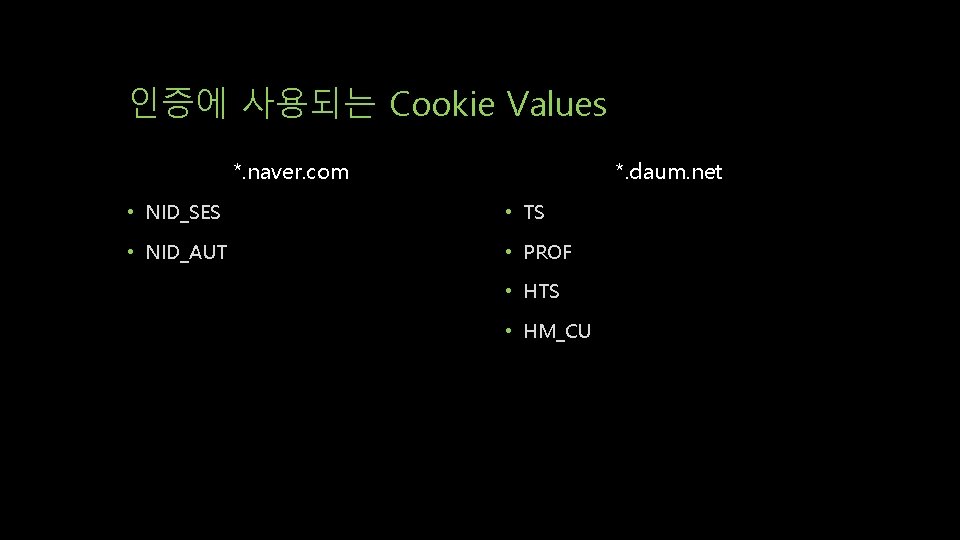 인증에 사용되는 Cookie Values *. naver. com *. daum. net • NID_SES • TS 인증에 사용되는 Cookie Values *. naver. com *. daum. net • NID_SES • TS