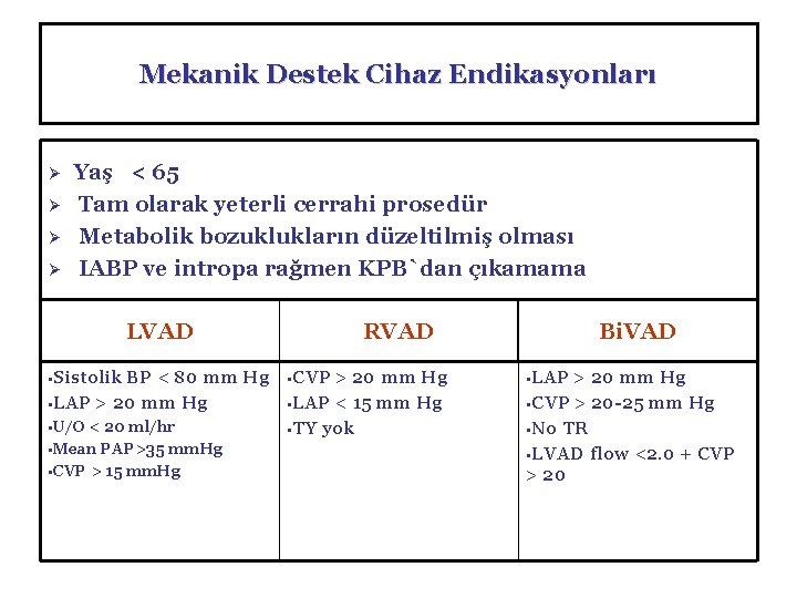 Mekanik Destek Cihaz Endikasyonları Ø Ø Yaş < 65 Tam olarak yeterli cerrahi prosedür