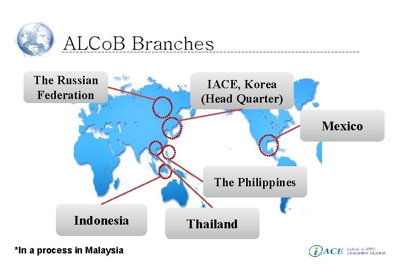 ALCo. B Branches The Russian Federation IACE, Korea (Head Quarter) Mexico The Philippines Indonesia