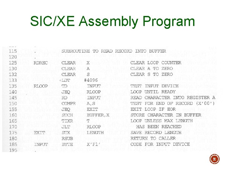 SIC/XE Assembly Program 31 SIC/XE Assembly Program 31
