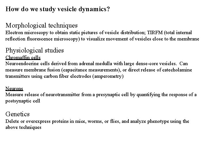 How do we study vesicle dynamics? Morphological techniques Electron microscopy to obtain static pictures