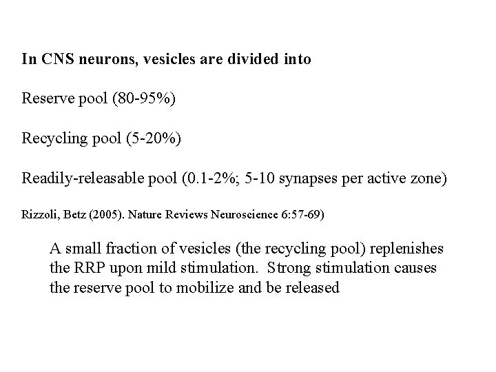 In CNS neurons, vesicles are divided into Reserve pool (80 -95%) Recycling pool (5
