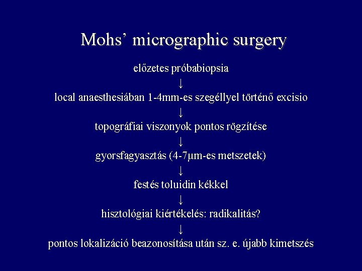 Mohs’ micrographic surgery előzetes próbabiopsia ↓ local anaesthesiában 1 -4 mm-es szegéllyel történő excisio