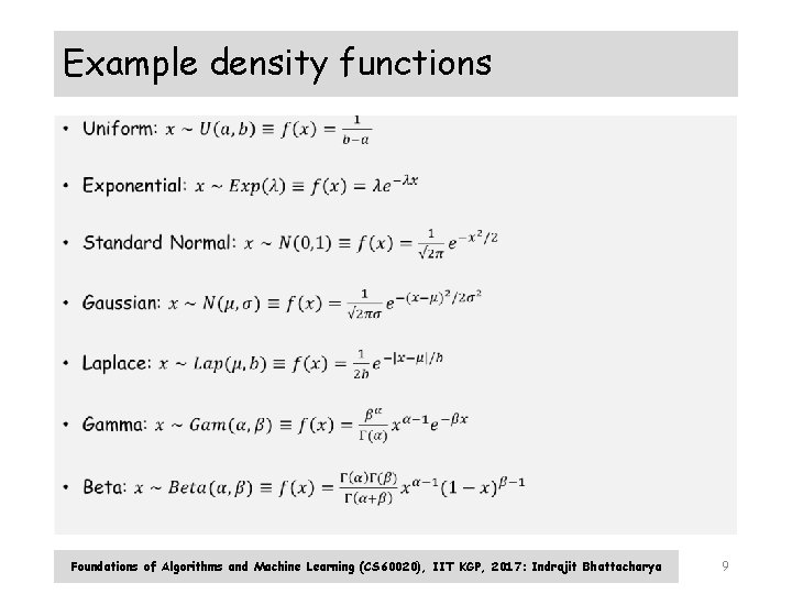Example density functions • Foundations of Algorithms and Machine Learning (CS 60020), IIT KGP, Example density functions • Foundations of Algorithms and Machine Learning (CS 60020), IIT KGP,