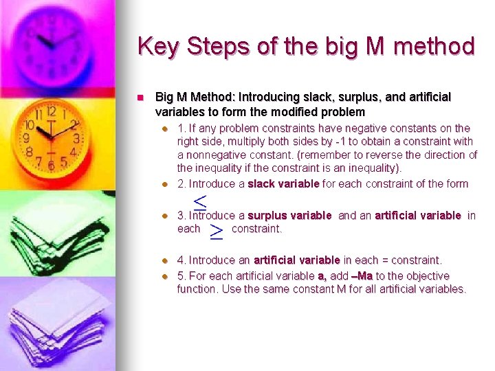 Key Steps of the big M method n Big M Method: Introducing slack, surplus,