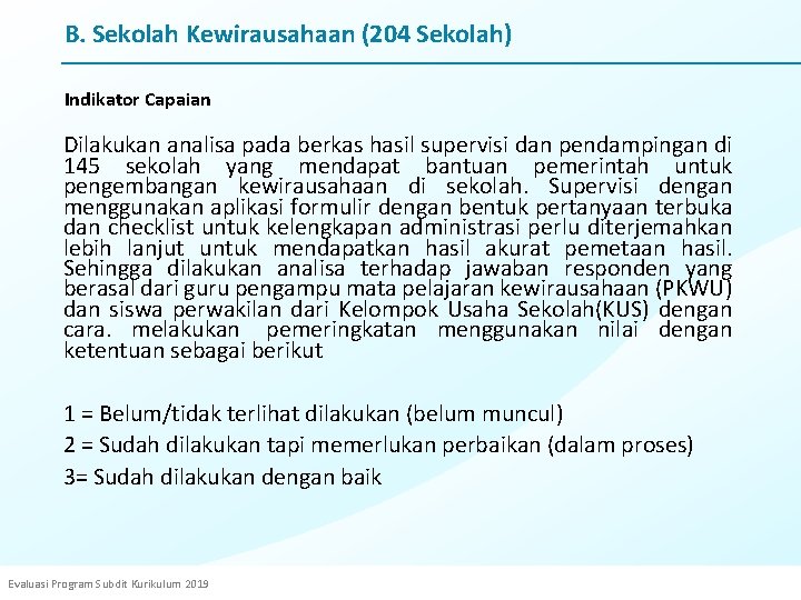 B. Sekolah Kewirausahaan (204 Sekolah) Indikator Capaian Dilakukan analisa pada berkas hasil supervisi dan