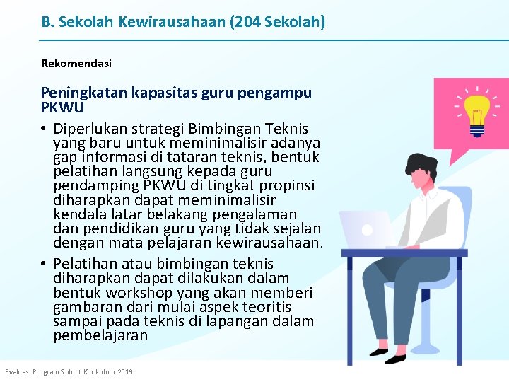B. Sekolah Kewirausahaan (204 Sekolah) Rekomendasi Peningkatan kapasitas guru pengampu PKWU • Diperlukan strategi