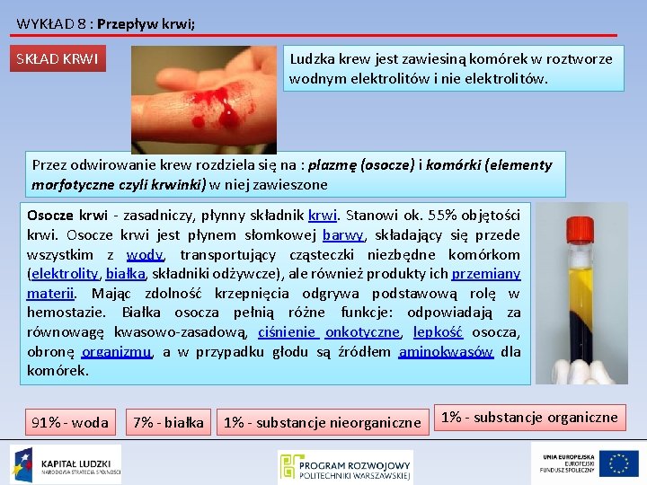 WYKŁAD 8 : Przepływ krwi; SKŁAD KRWI Ludzka krew jest zawiesiną komórek w roztworze