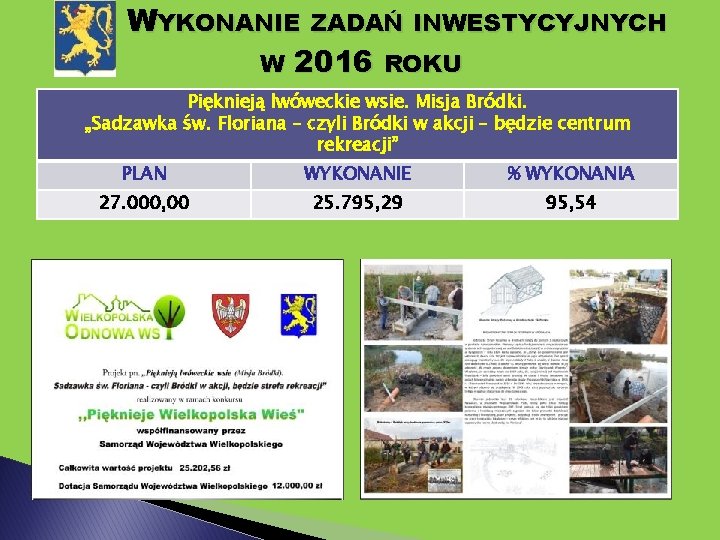 WYKONANIE ZADAŃ INWESTYCYJNYCH W 2016 ROKU Pięknieją lwóweckie wsie. Misja Bródki. „Sadzawka św. Floriana