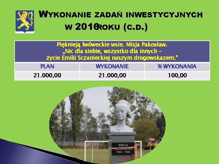 WYKONANIE ZADAŃ INWESTYCYJNYCH W 2016 ROKU (C. D. ) Pięknieją lwóweckie wsie. Misja Pakosław.