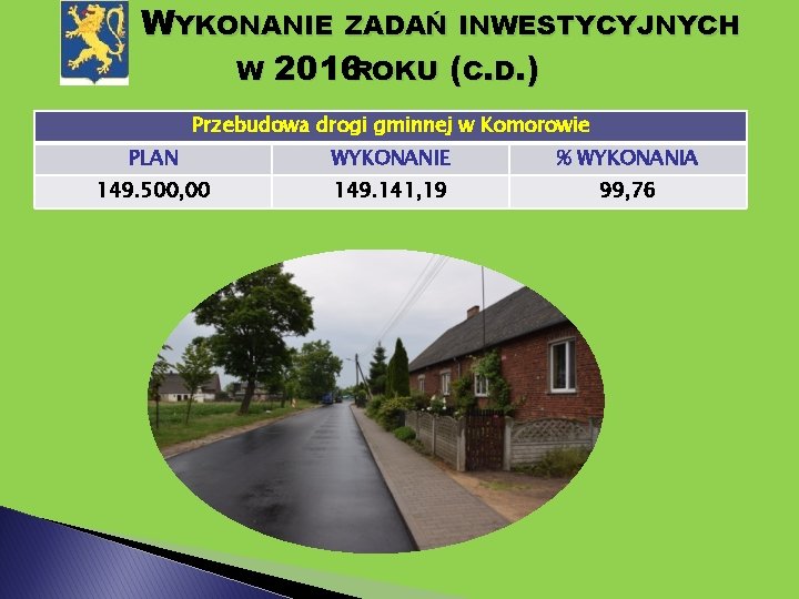 WYKONANIE ZADAŃ INWESTYCYJNYCH W 2016 ROKU (C. D. ) Przebudowa drogi gminnej w Komorowie