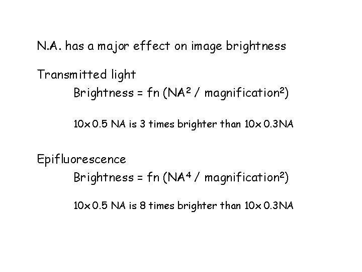 N. A. has a major effect on image brightness Transmitted light Brightness = fn
