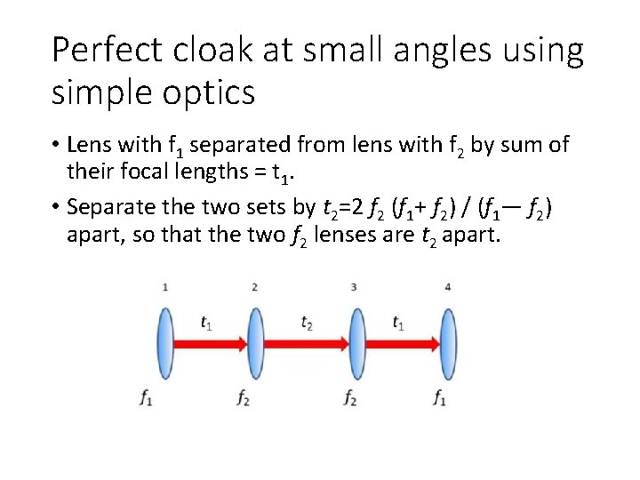 Perfect cloak at small angles using simple optics • Lens with f 1 separated