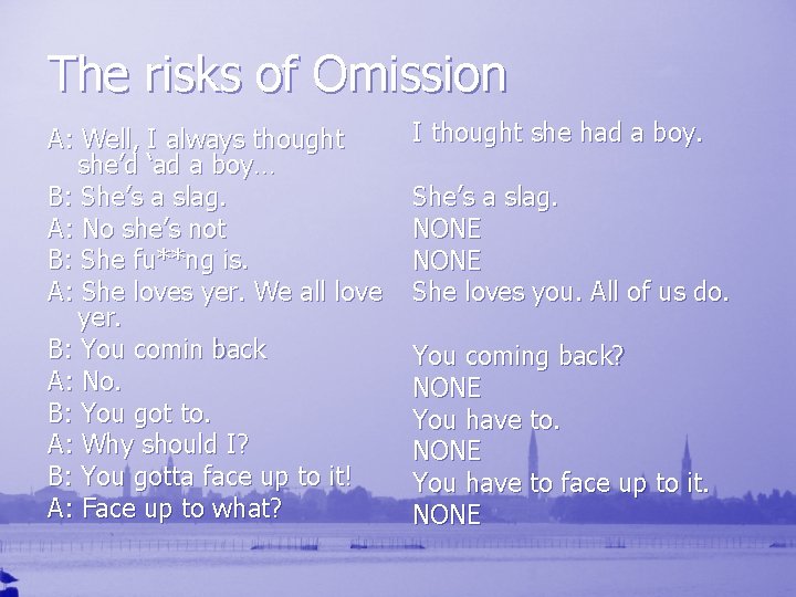 The risks of Omission A: Well, I always thought she’d ‘ad a boy… B: