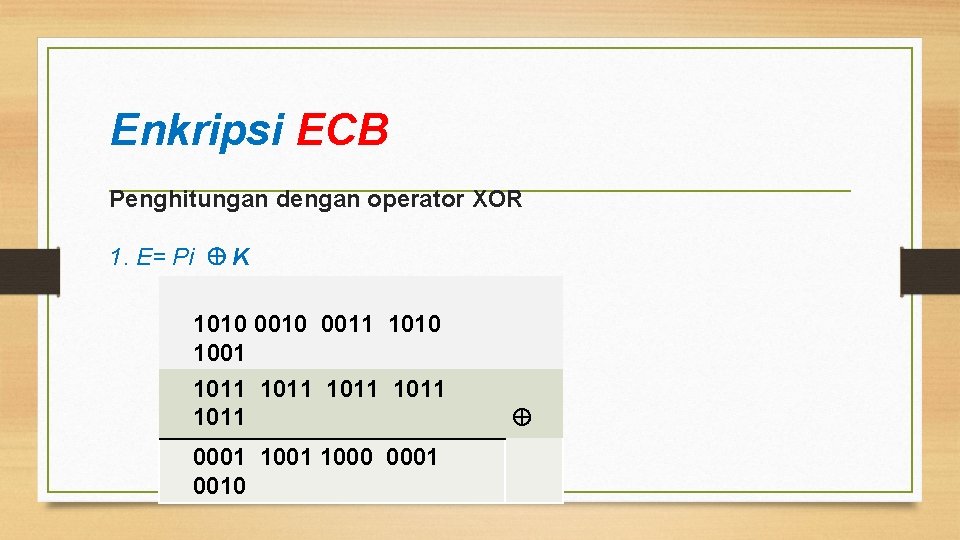 Enkripsi ECB Penghitungan dengan operator XOR 1. E= Pi K 1010 0011 1010 1001