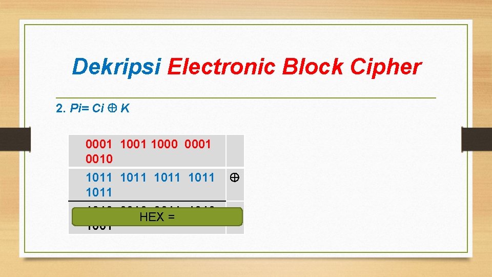 Dekripsi Electronic Block Cipher 2. Pi= Ci K 0001 1000 0001 0010 1011 1011