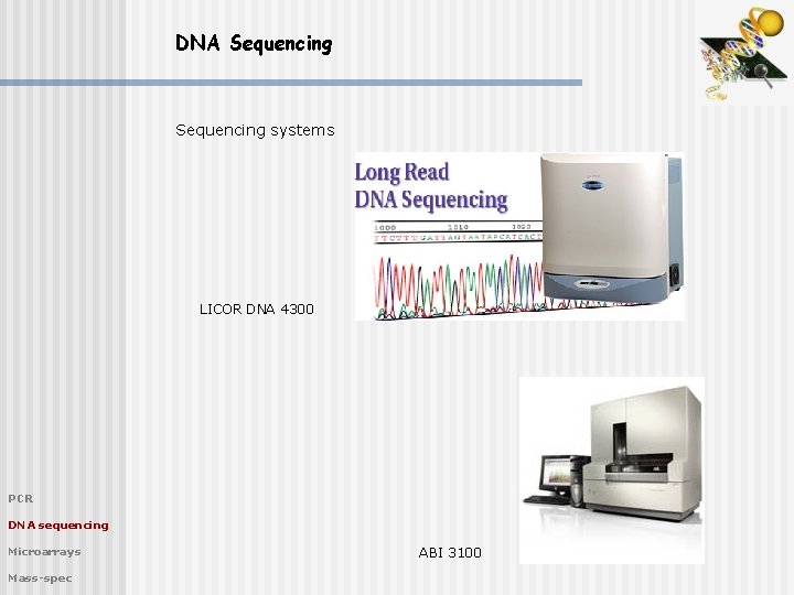 DNA Sequencing systems LICOR DNA 4300 PCR DNA sequencing Microarrays Mass-spec ABI 3100 