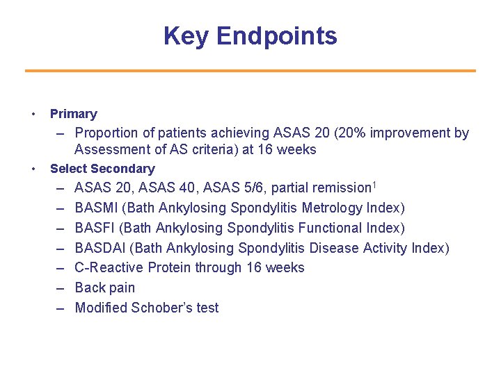 Key Endpoints • Primary – Proportion of patients achieving ASAS 20 (20% improvement by