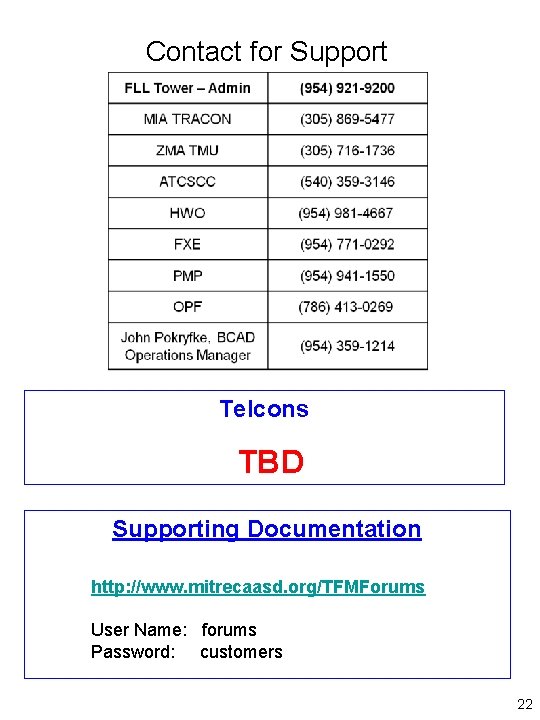 Contact for Support Telcons TBD Supporting Documentation http: //www. mitrecaasd. org/TFMForums User Name: forums