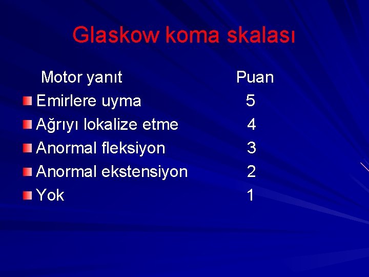 Glaskow koma skalası Motor yanıt Puan Emirlere uyma 5 Ağrıyı lokalize etme 4 Anormal