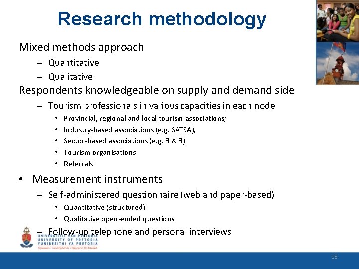Research methodology Mixed methods approach – Quantitative – Qualitative Respondents knowledgeable on supply and