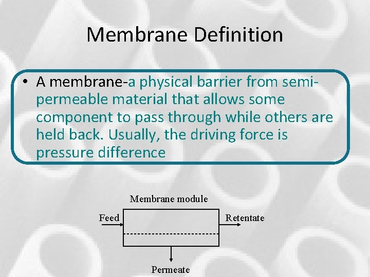 Membrane Definition • A membrane-a physical barrier from semipermeable material that allows some component Membrane Definition • A membrane-a physical barrier from semipermeable material that allows some component
