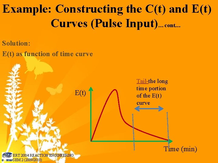 Example: Constructing the C(t) and E(t) Curves (Pulse Input)…cont… Solution: E(t) as function of