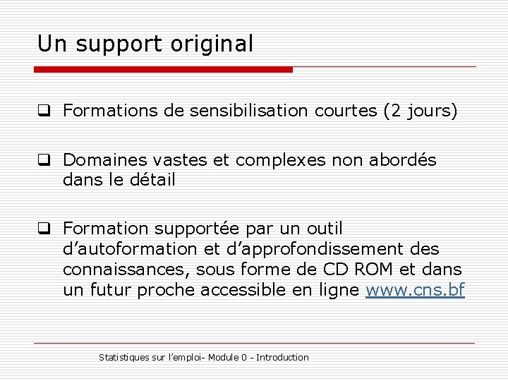 Un support original q Formations de sensibilisation courtes (2 jours) q Domaines vastes et