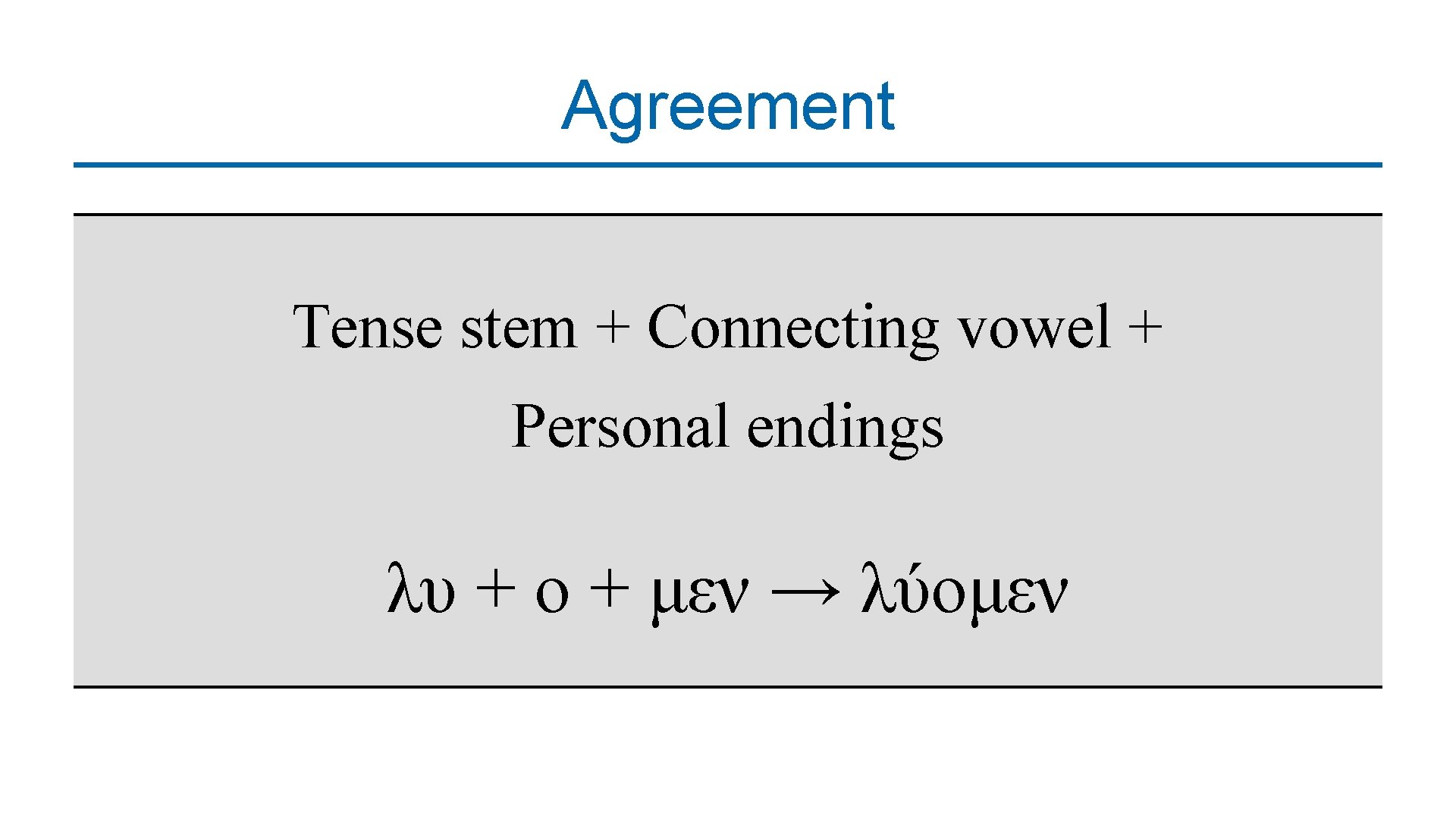 Agreement Τense stem + Connecting vowel + Personal endings λυ + ο + μεν