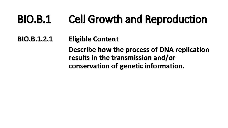 BIO. B. 1 Cell Growth and Reproduction BIO. B. 1. 2. 1 Eligible Content