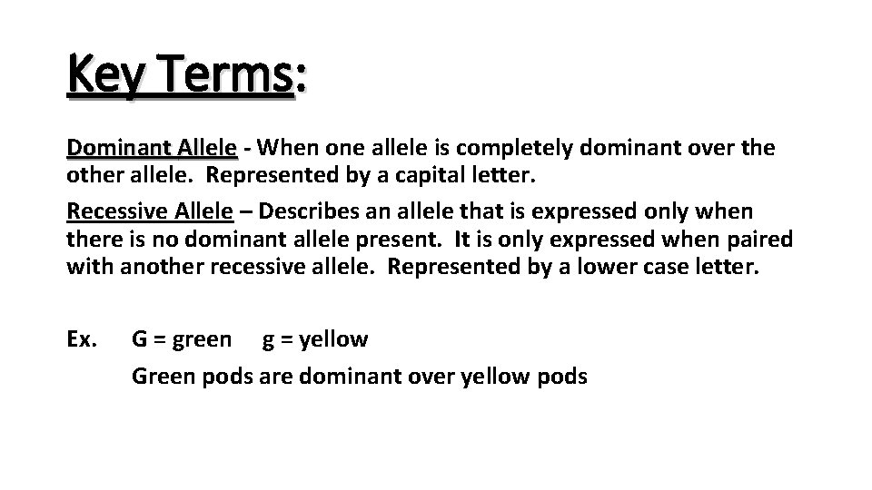 Key Terms: Dominant Allele - When one allele is completely dominant over the other