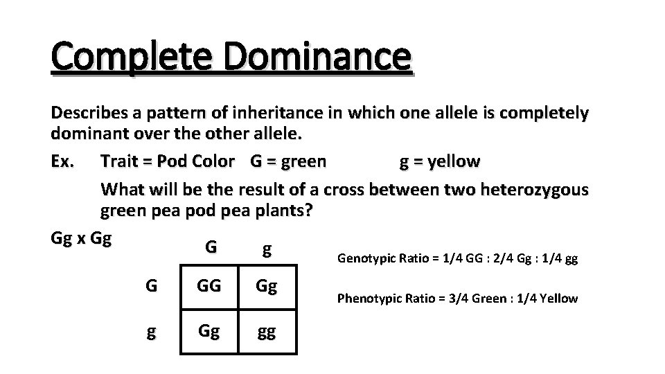 Complete Dominance Describes a pattern of inheritance in which one allele is completely dominant