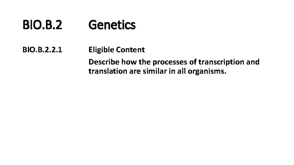 BIO. B. 2 Genetics BIO. B. 2. 2. 1 Eligible Content Describe how the