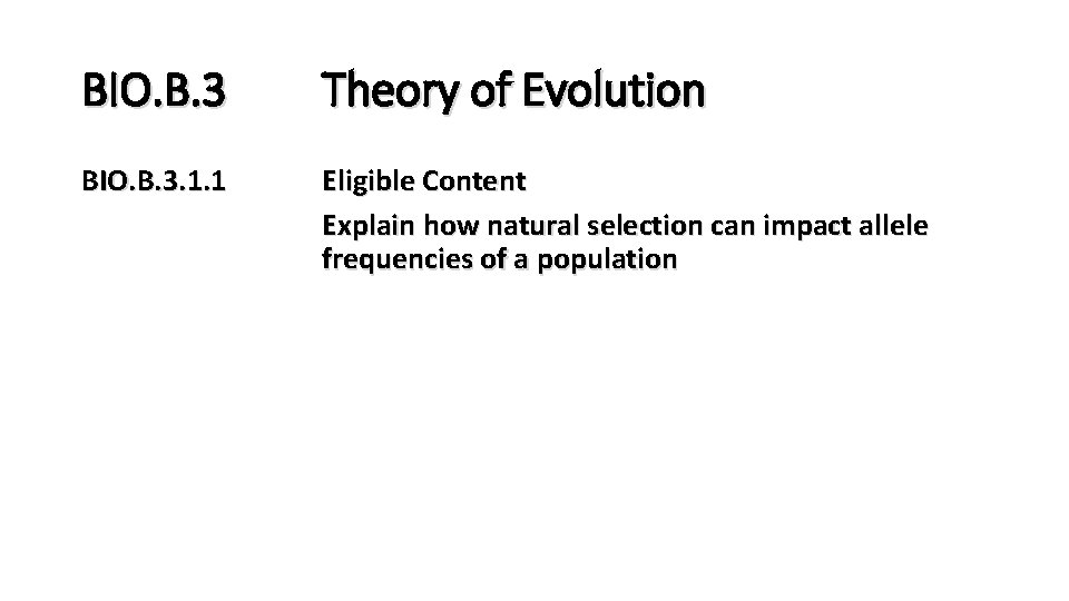 BIO. B. 3 Theory of Evolution BIO. B. 3. 1. 1 Eligible Content Explain