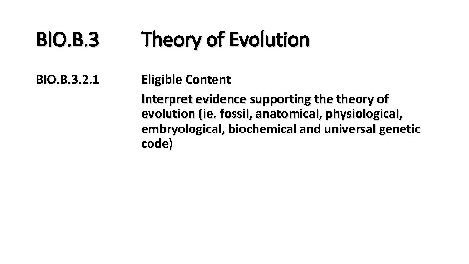 BIO. B. 3 Theory of Evolution BIO. B. 3. 2. 1 Eligible Content Interpret