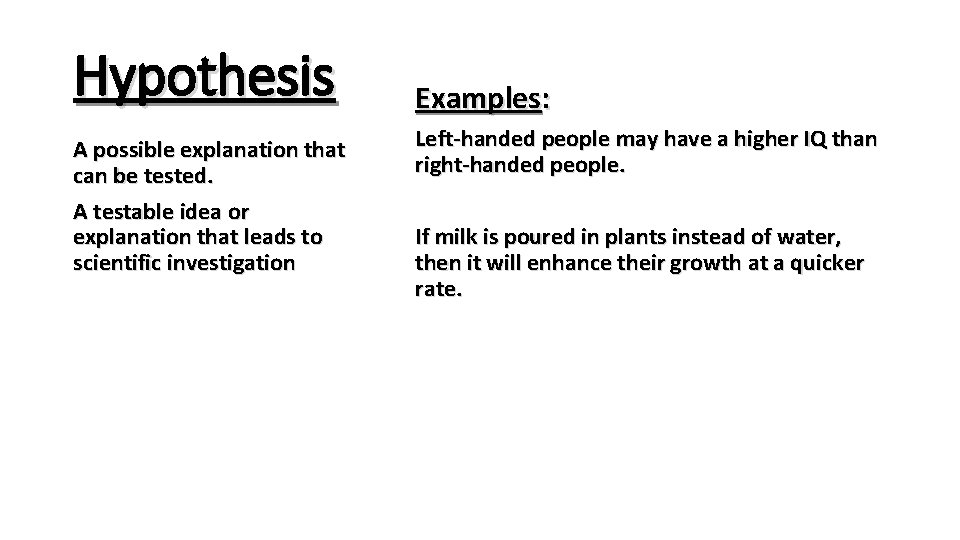 Hypothesis A possible explanation that can be tested. A testable idea or explanation that