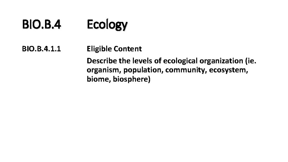 BIO. B. 4 Ecology BIO. B. 4. 1. 1 Eligible Content Describe the levels