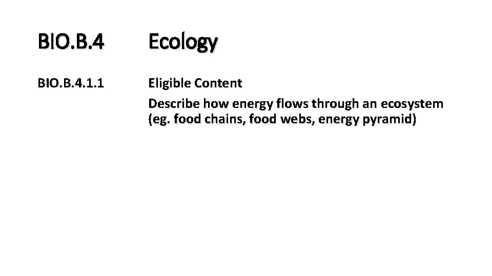 BIO. B. 4 Ecology BIO. B. 4. 1. 1 Eligible Content Describe how energy