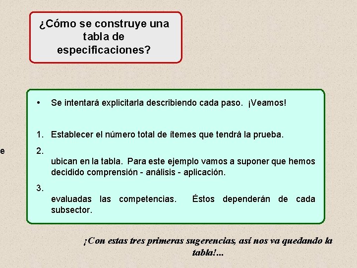 e ¿Cómo se construye una tabla de especificaciones? Se intentará explicitarla describiendo cada paso.