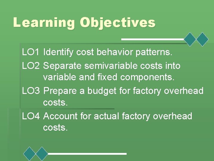 Learning Objectives LO 1 Identify cost behavior patterns. LO 2 Separate semivariable costs into