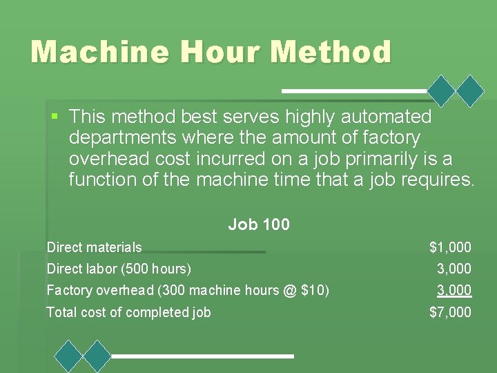 Machine Hour Method § This method best serves highly automated departments where the amount